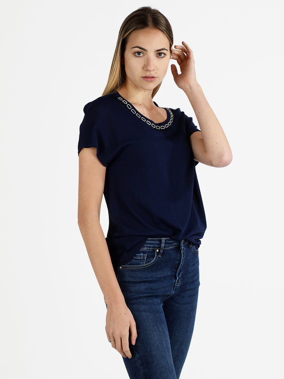 Coveri Moving Blusa Donna Con Girocollo Di Strass Bluse Blu Taglia Xl