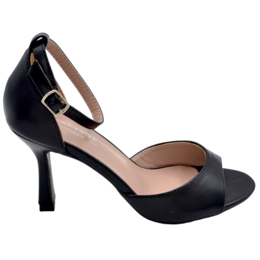 Malu Shoes Sandali donna basic nero con tacco a spillo 9 cm cinturino alla caviglia fascia larga comoda