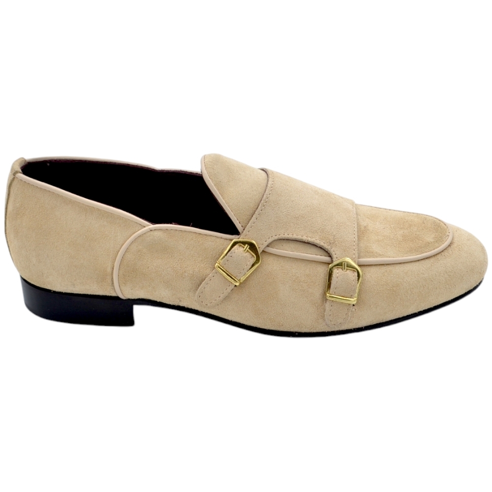 LUISANTIAGO Scarpa mocassino uomo ls doppia fibbia oro vera pelle scamosciato beige spazzolato a mano interno bordeaux vero cuoio