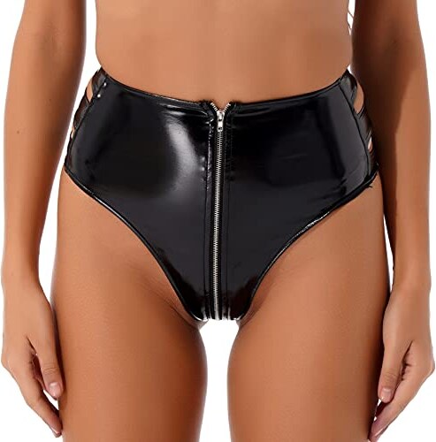 Freebily String Tanga Vita Alta Micro Mini Perizoma Pelle Donna Sexy Wetlook Bikini Slip Nero