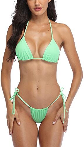 Bikini In Pelle PU Sexy - Top Triangolo E Tanga, Nero, Taglia Unica Regolabile - Foto 10