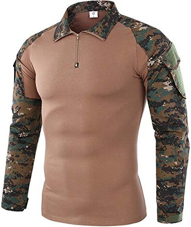 Camicia Tattica Mimetica Woodland Uomo Manica Lunga Con Cerniera Slim Fit Cotone E Spandex Per Caccia Airsoft