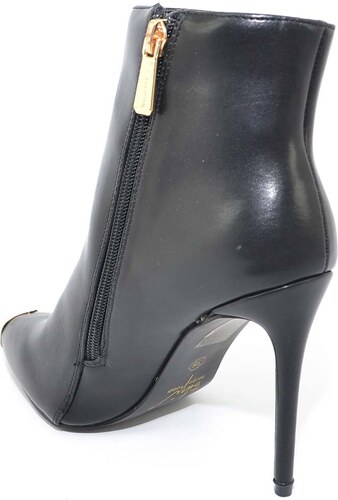 Malu Shoes Tronchetto nero in pelle donna glam a punta con placca oro e tacco a spillo linea glam zip laterale