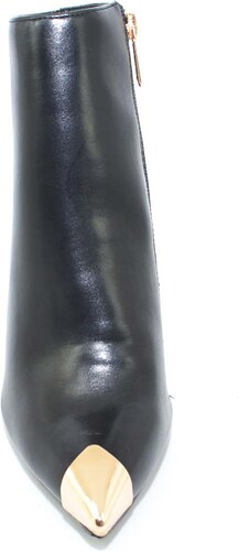Malu Shoes Tronchetto nero in pelle donna glam a punta con placca oro e tacco a spillo linea glam zip laterale