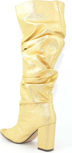Malu Shoes Stivali texano con tacco largo in satinato oro dorato arricciato al ginocchio morbido moda camperos punta glam moda