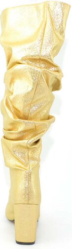Malu Shoes Stivali texano con tacco largo in satinato oro dorato arricciato al ginocchio morbido moda camperos punta glam moda