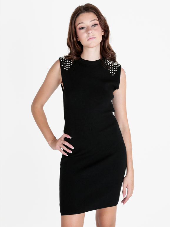 Solada Vestito Donna Smanicato In Maglia Con Dettagli Strass Vestiti Nero Taglia Unica
