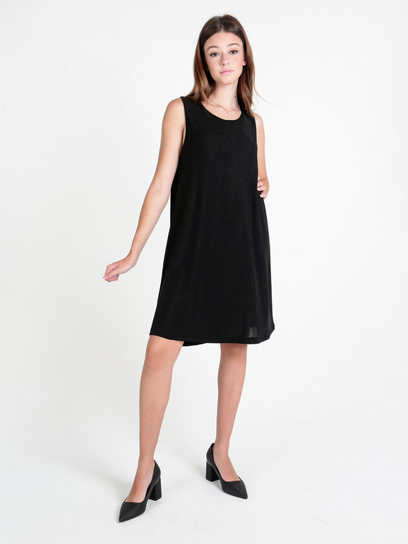 Unique Abito Donna Smanicato In Lurex Vestiti Nero Taglia Unica