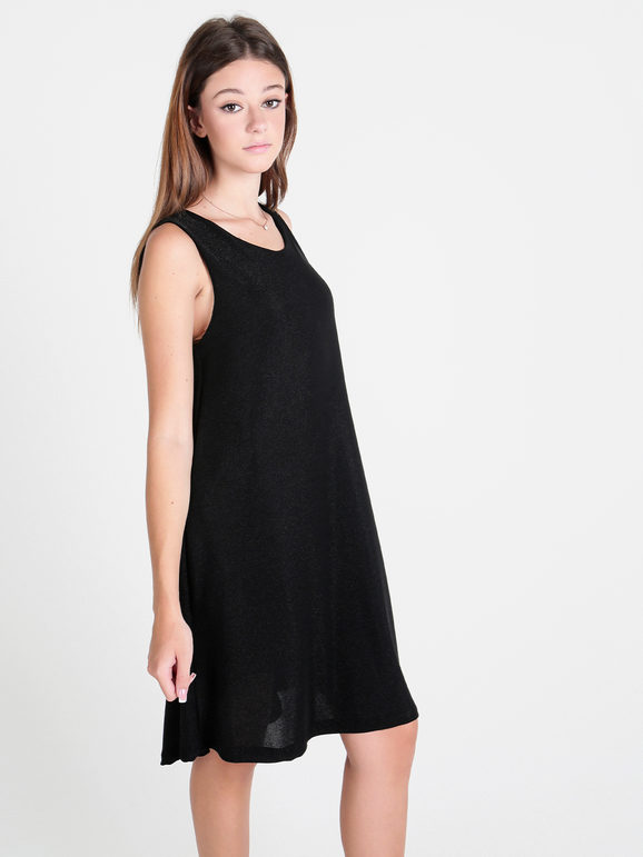 Unique Abito Donna Smanicato In Lurex Vestiti Nero Taglia Unica