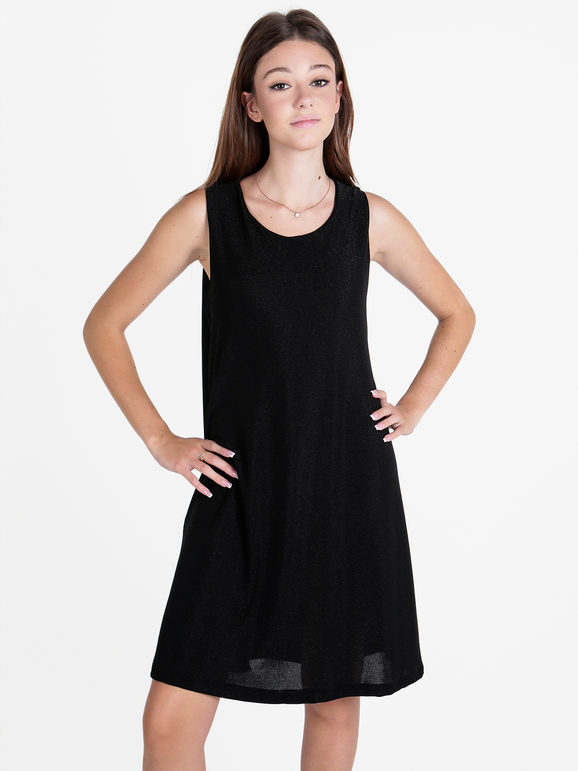 Unique Abito Donna Smanicato In Lurex Vestiti Nero Taglia Unica