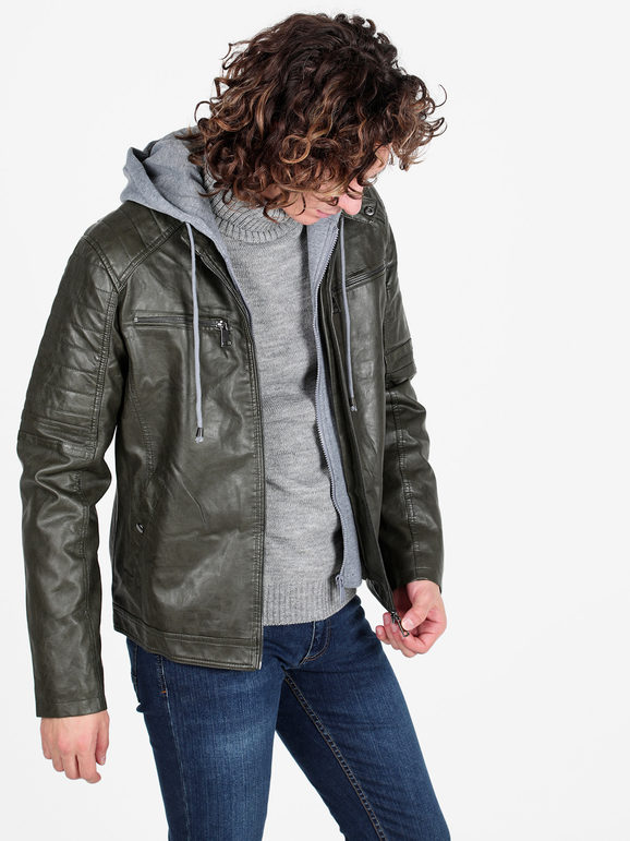 Solada Giubbotto Da Uomo Imbottito In Ecopelle Con Cappuccio Felpa Giacconi e Verde Taglia L