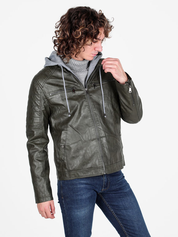 Solada Giubbotto Da Uomo Imbottito In Ecopelle Con Cappuccio Felpa Giacconi e Verde Taglia L