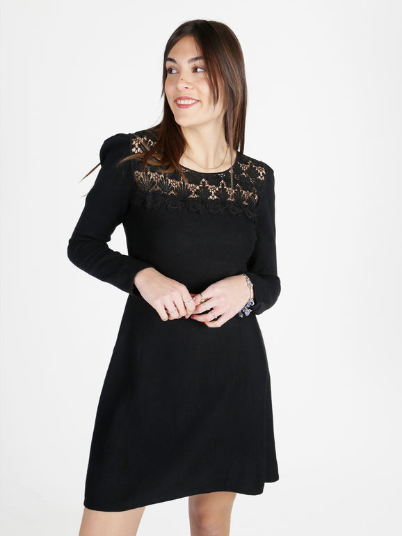 Solada Vestito Da Donna a Maniche Lunghe Con Scollo In Pizzo Macramè Vestiti Nero Taglia Unica