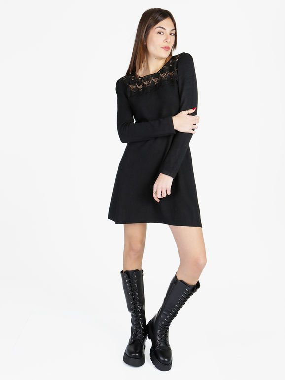 Solada Vestito Da Donna a Maniche Lunghe Con Scollo In Pizzo Macramè Vestiti Nero Taglia Unica