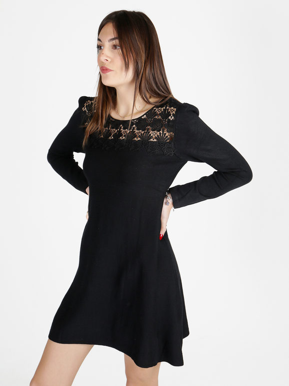 Solada Vestito Da Donna a Maniche Lunghe Con Scollo In Pizzo Macramè Vestiti Nero Taglia Unica