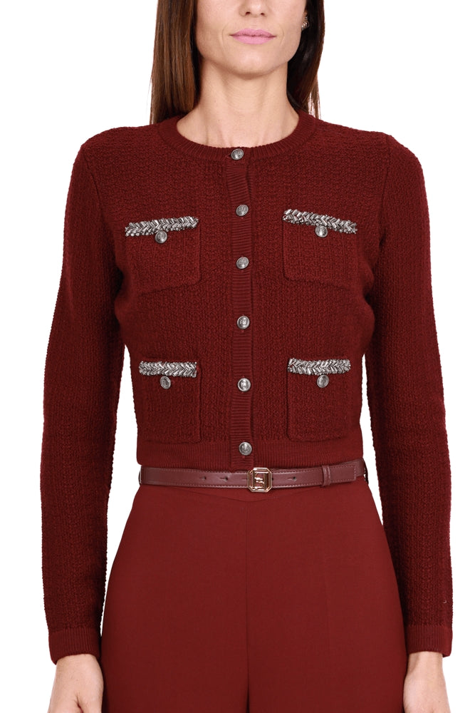 Elisabetta Franchi CARDIGAN GIROCOLLO IN LANA BOUCLÈ BORDEAUX