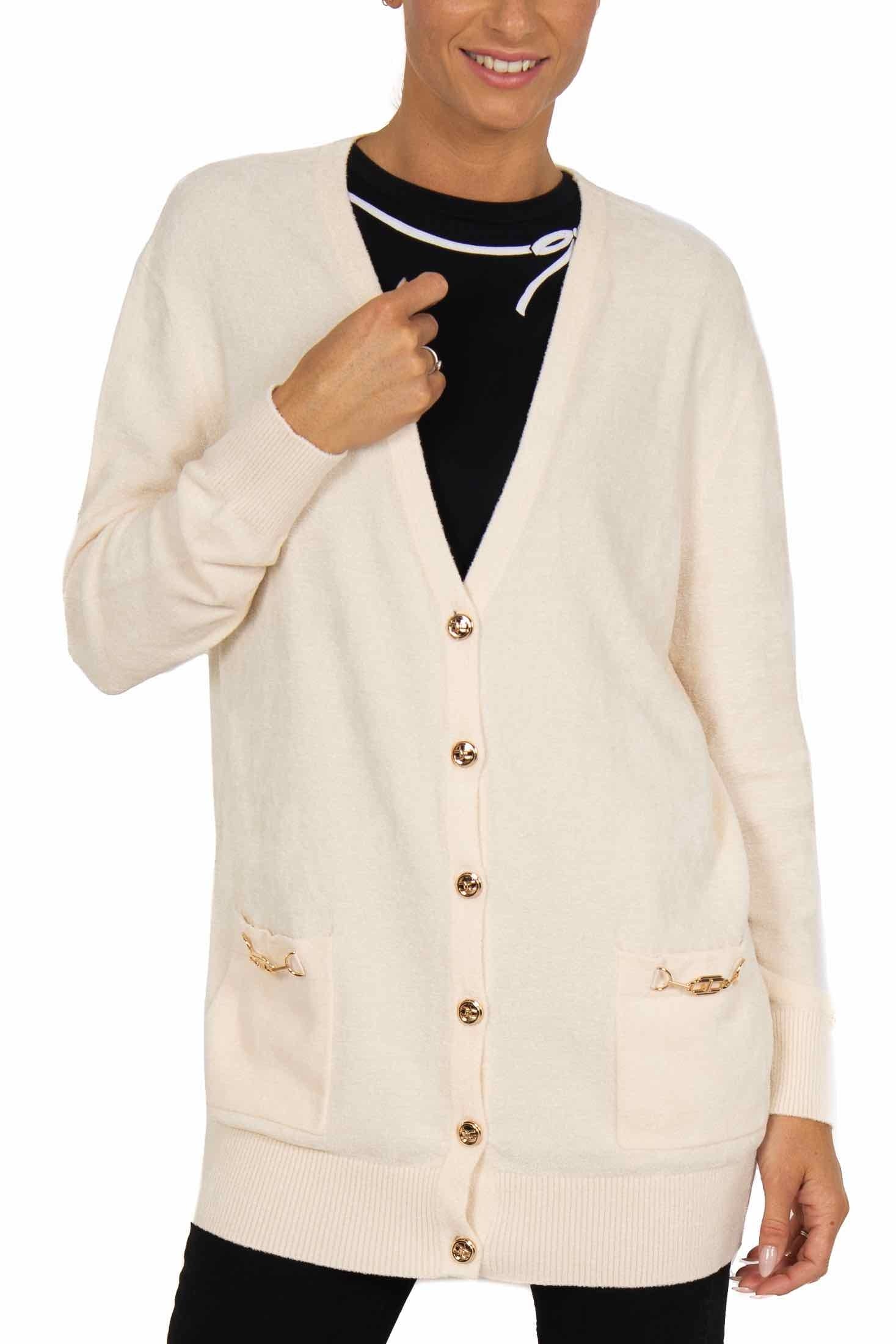Elisabetta Franchi CARDIGAN LUNGO IN CINIGLIA CON MORSETTO BURRO
