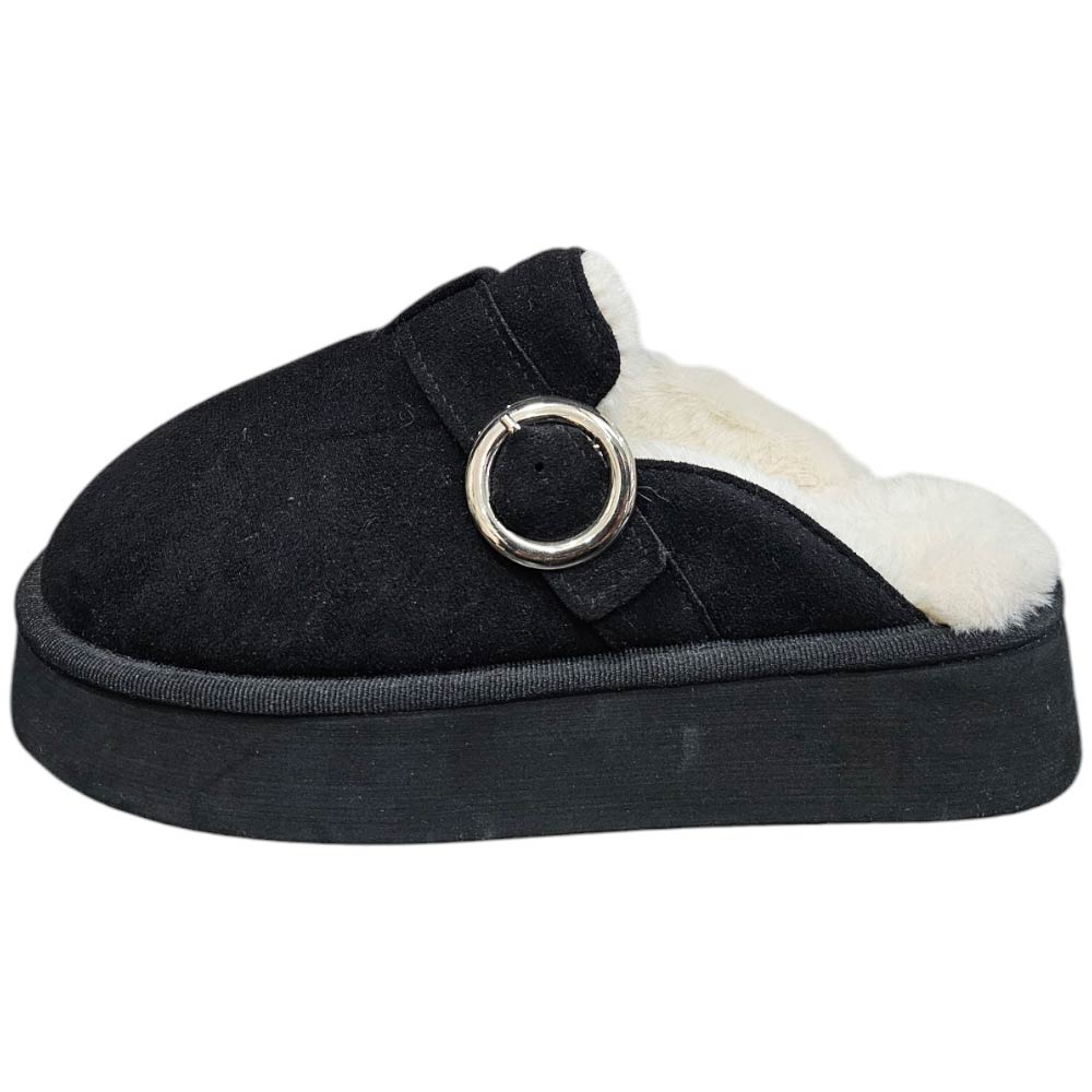 Malu Shoes Ciabatta pantofola donna nero con interno di pelliccia e fibbia comodo fondo alto 3 cm