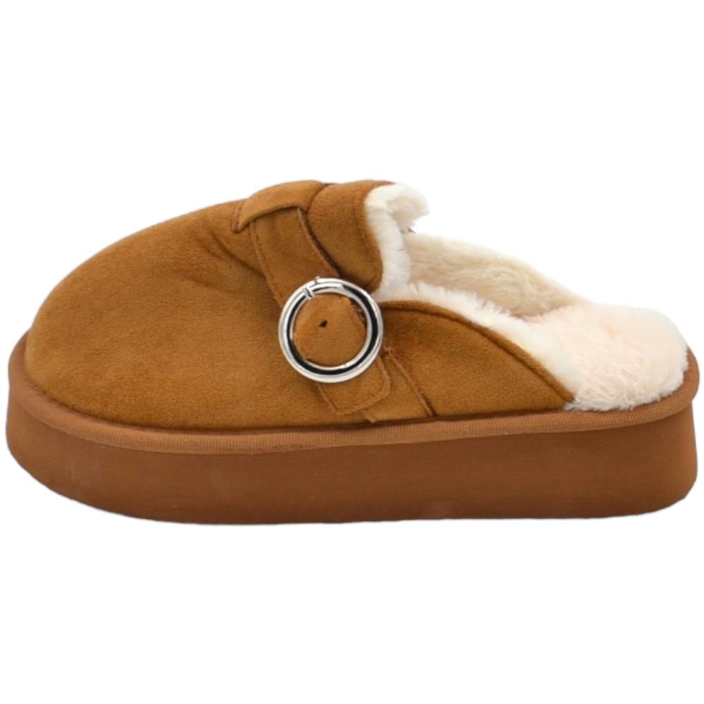 Malu Shoes Ciabatta pantofola donna cuoio con interno di pelliccia e fibbia comodo fondo alto 3 cm