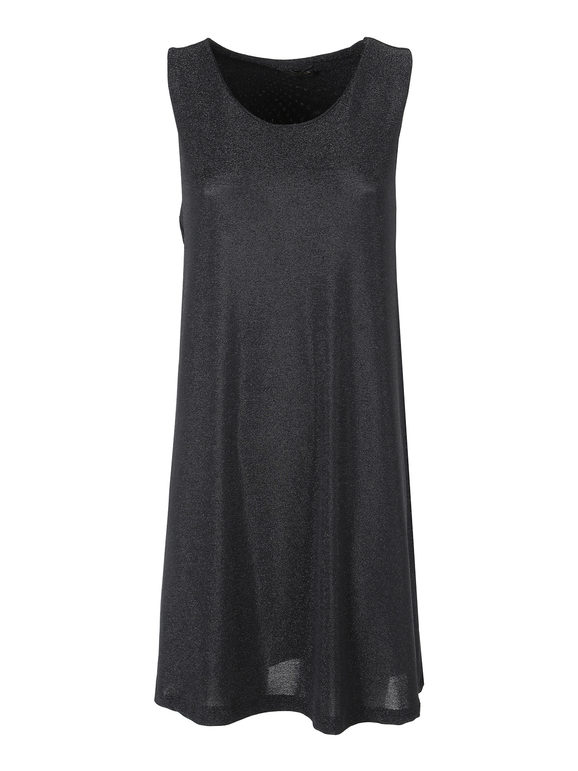 Unique Abito Donna Smanicato In Lurex Vestiti Nero Taglia Unica