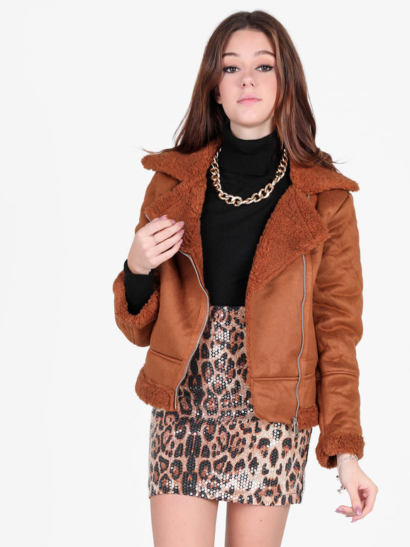 Solada Giacca Biker Da Donna Scamosciata Con Colletto In Pelliccia Sintetica Giacconi e Giubbotti Marrone Taglia M