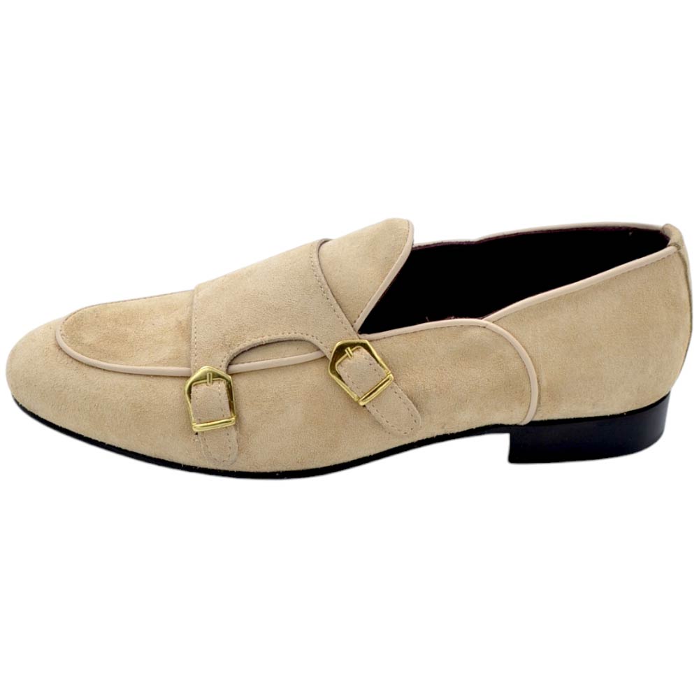 LUISANTIAGO Scarpa mocassino uomo ls doppia fibbia oro vera pelle scamosciato beige spazzolato a mano interno bordeaux vero cuoio