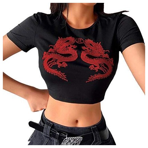 Geagodelia T-Shirt Donna Crop Top Sexy Stampa Drago Cinese Maglietta a  Manica Corta Y2K T-Shirt Ragazza S-L (Rosso, Large) 