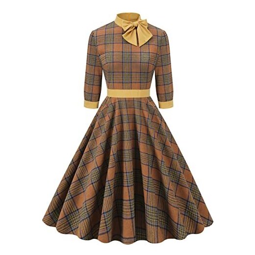 JieGorge Abito Vintage Anni '50 Rockabilly Con Fiocco, Maniche Corte, Lunghezza Midi, Per Cocktail E Tea Party
