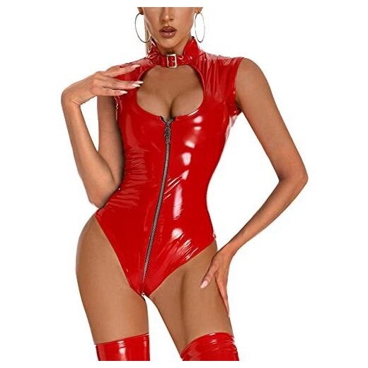 FEOYA Tuta body da donna in pelle Sexy Catwoman Catsuit Wetlook Elasticità  Jumpsuit Bodysuit Mini Abito Lingerie Aderente laccata Clubwear Party  Cosplay Costumi di Carnevale - rosso 2,M 