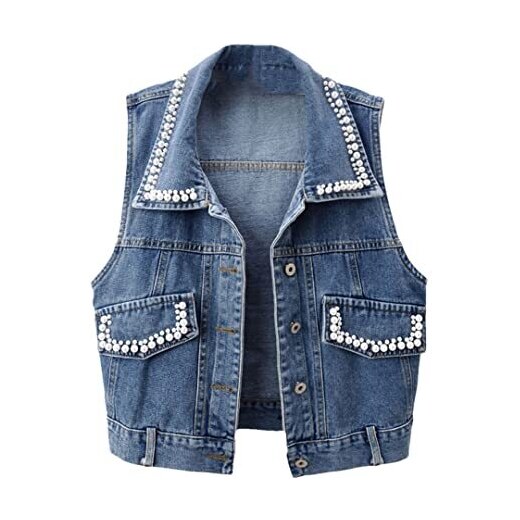 Hcclijo Gilet Di Jeans Con Perline Blu Vintage Da Donna Gilet