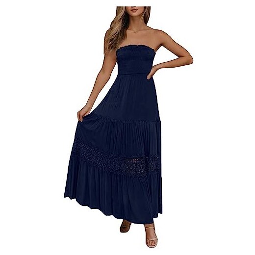 Sonnena Vestiti Cresima Ragazza Maxi Abito Lungo da Spiaggia Senza Spalline  Senza Spalline in Pizzo Bohémien alla Moda da Donna Abiti da Ballo Elegante  (Dark Blue, L) 