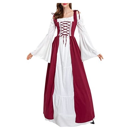 Onsoyours Rinascimentale Vestito Donna Medievale Abito Costume Manica Lunga  Fancy Cosplay Vintage Carnevale Carnevale Partito Halloween A Vino Rosso M  