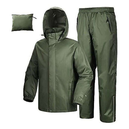 33,000ft Tuta antipioggia da uomo riflettente leggero impermeabile +  pantaloni antipioggia set traspirante per pesca escursionismo, verde  militare, S 