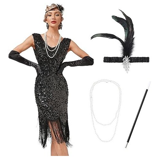 Costume charleston anni 20 lungo con frange nero da donna