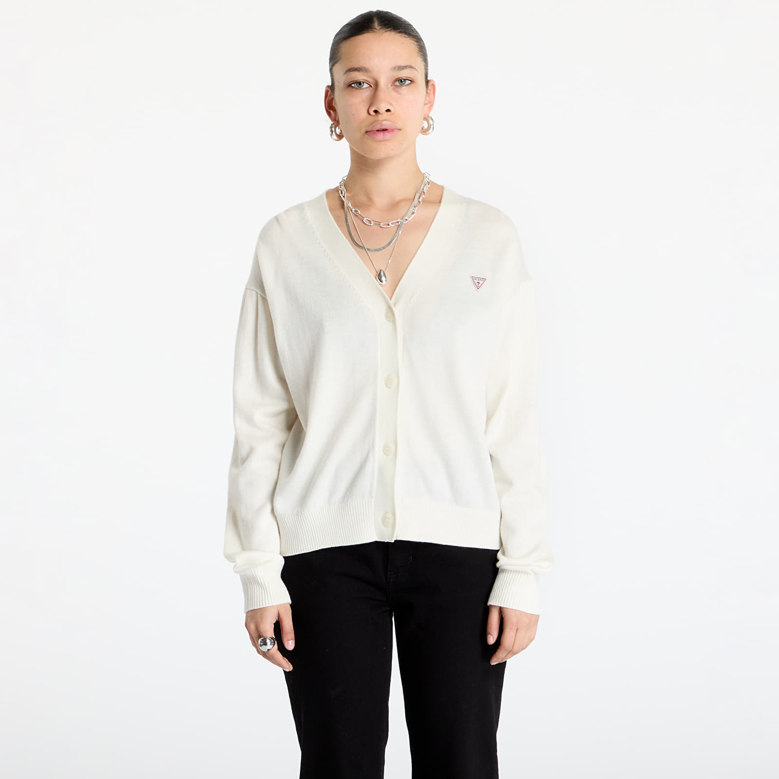 Maglione Guess JEANS Silk and Wool-Blend Mini Triangle Cardigan Warm White S