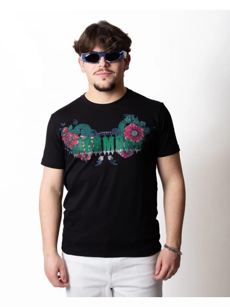 Richmond tshirt nera uomo in cotone maxi logo con strass sul davanti