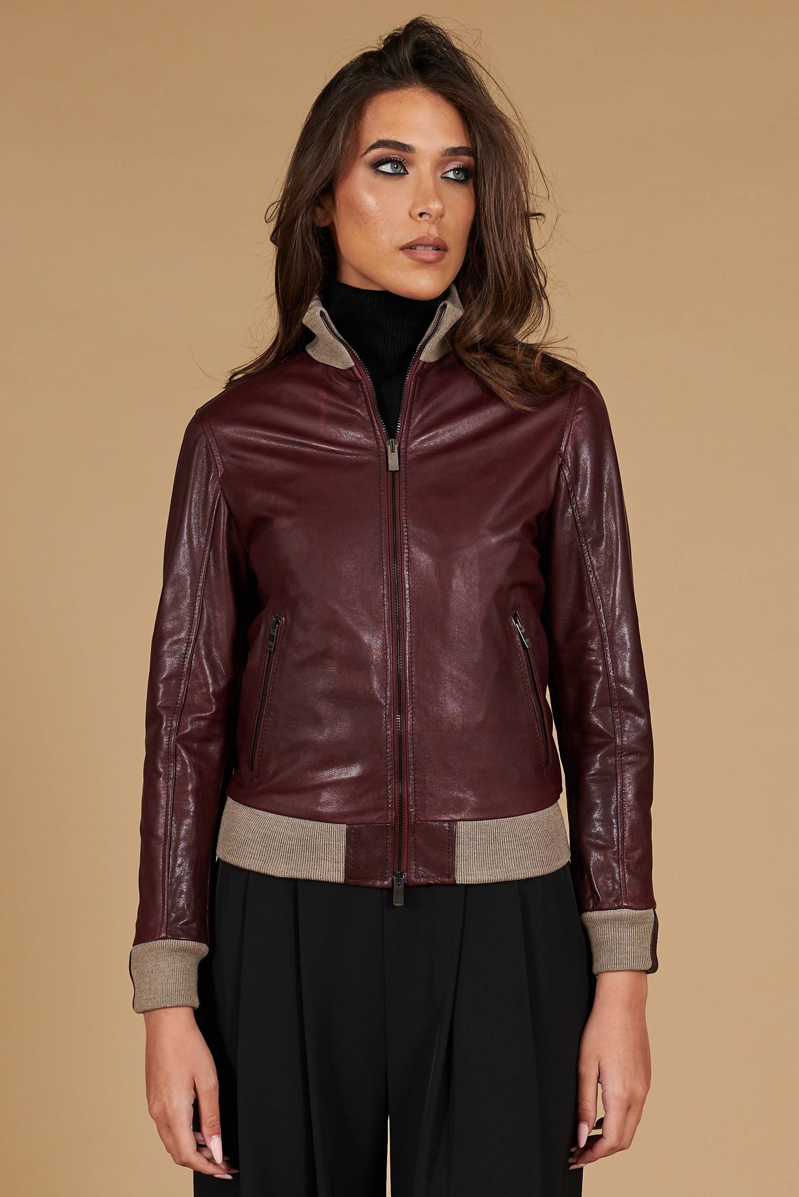 Bomber in pelle naturale bordeaux collo in lana merino D'Arienzo