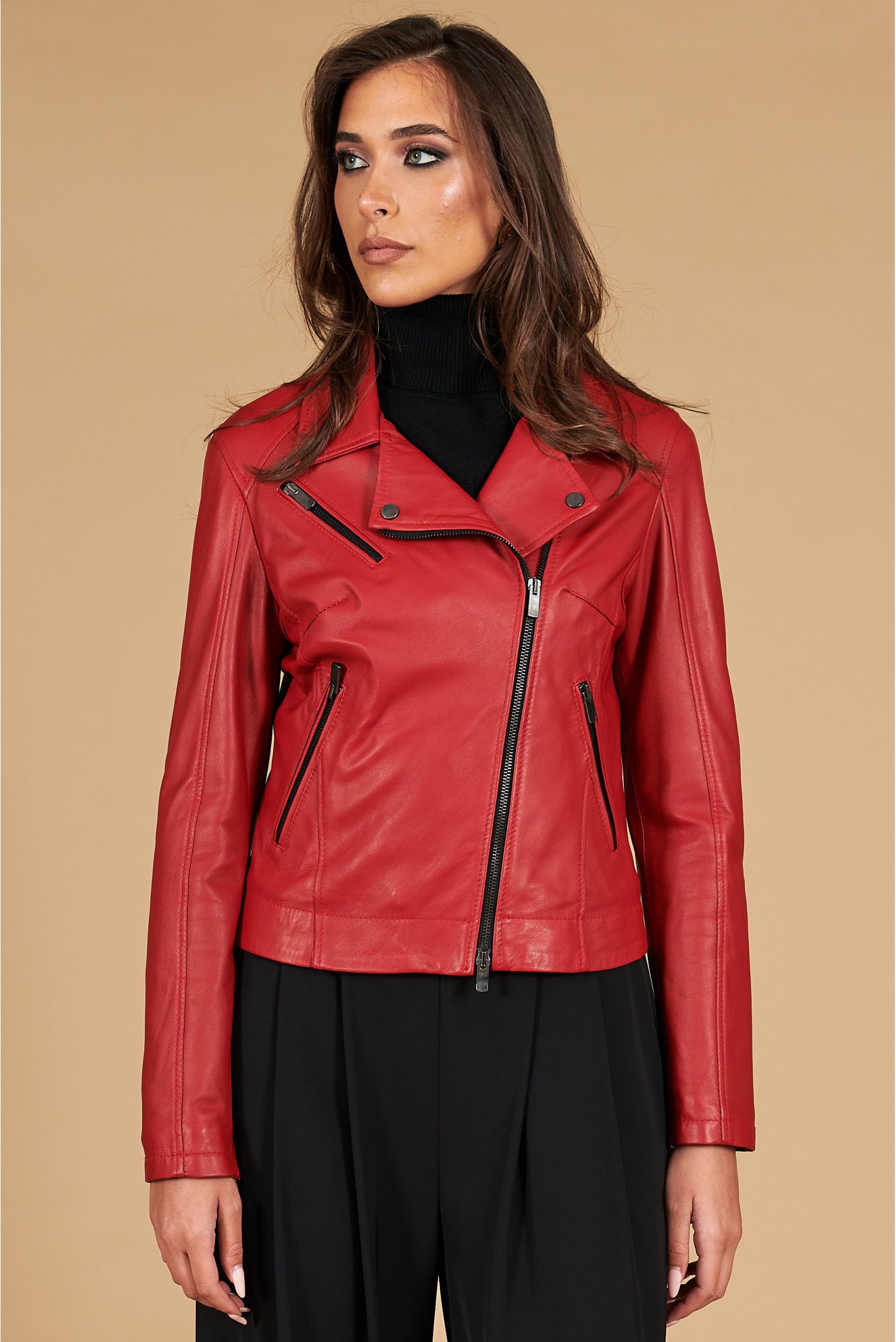 Giacca chiodo in pelle rossa nappa effetto liscio D'Arienzo