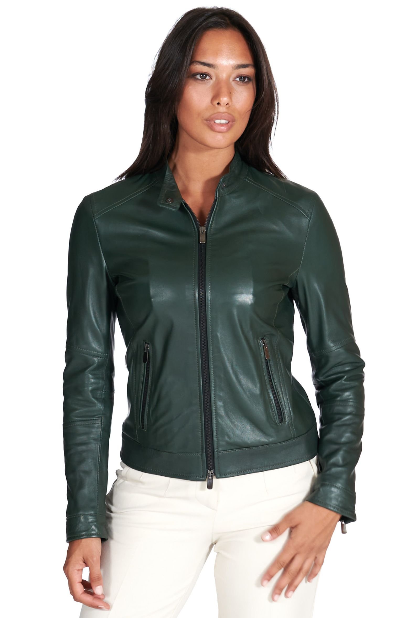 Giacca biker in pelle naturale verde effetto liscio D'Arienzo