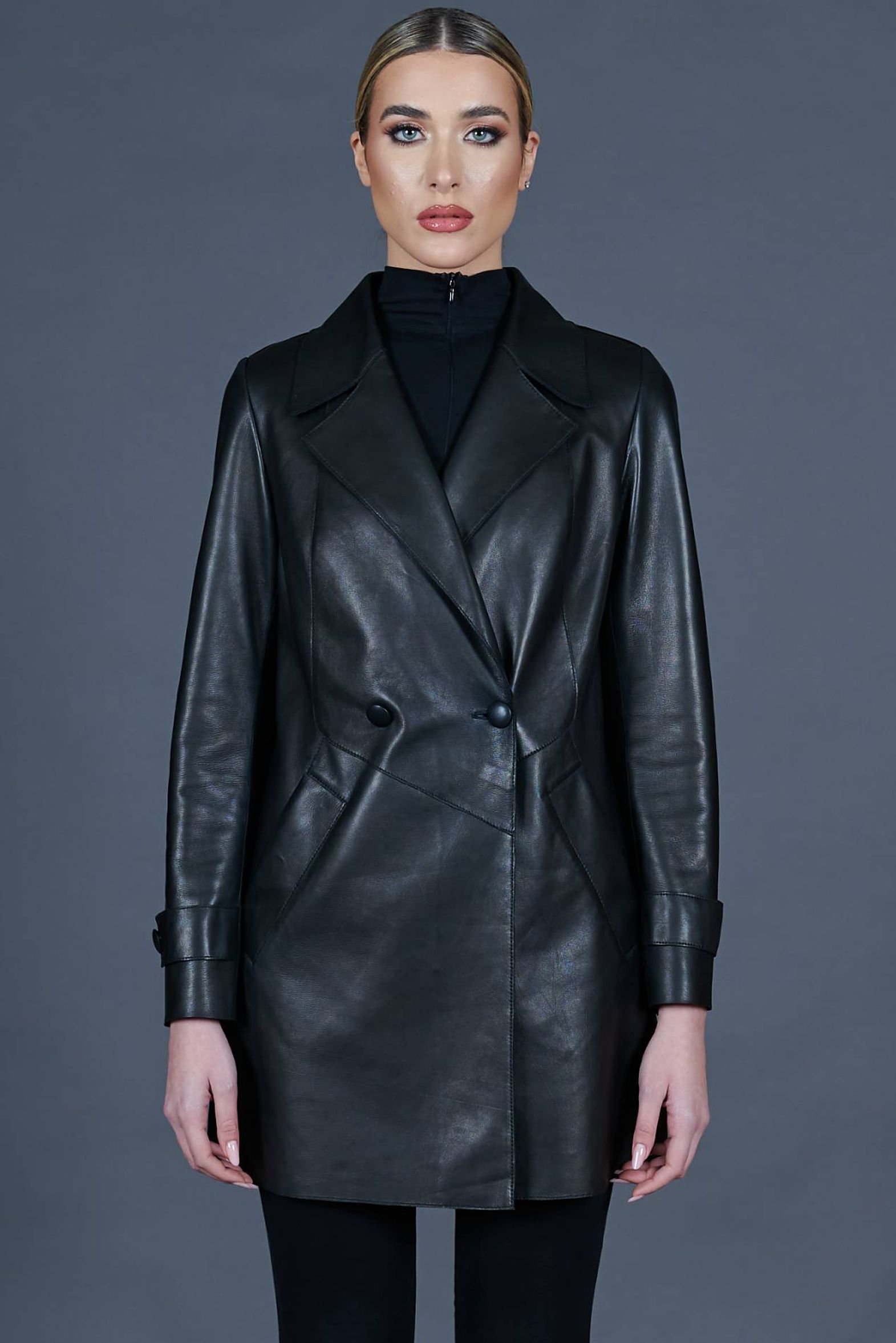 Cappotto in pelle nera accoppiata tessuto doppiopetto D'Arienzo