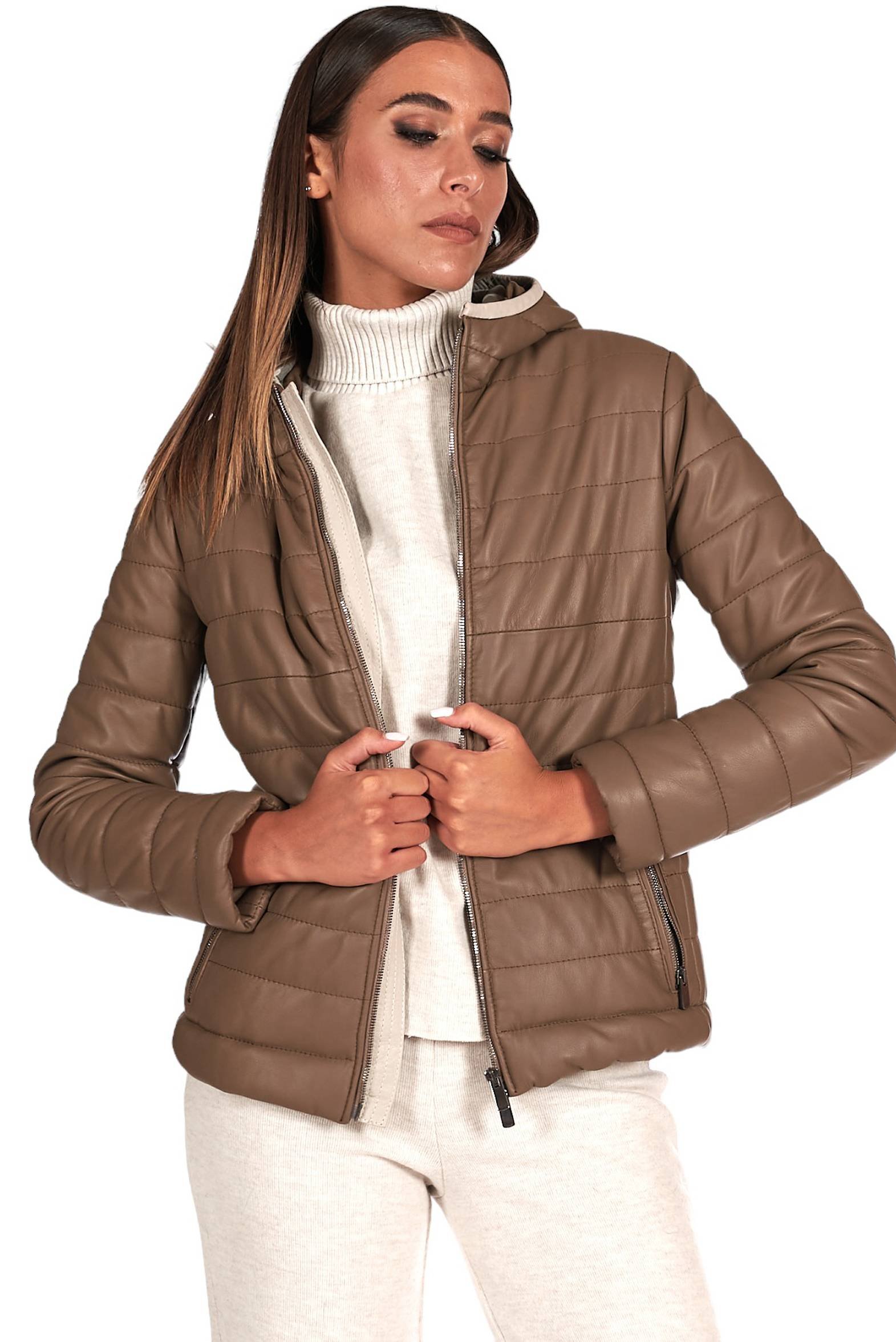 Piumino in pelle fango con cappuccio bordo color crema D'Arienzo