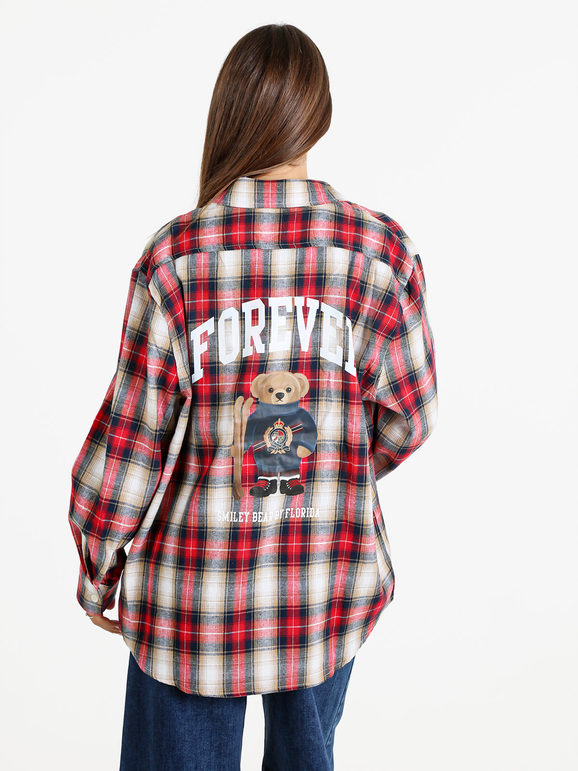 Solada Camicia Donna Oversize a Quadri Con Stampa Orsacchiotto Sul Retro - Rosso Casual Taglia Unica