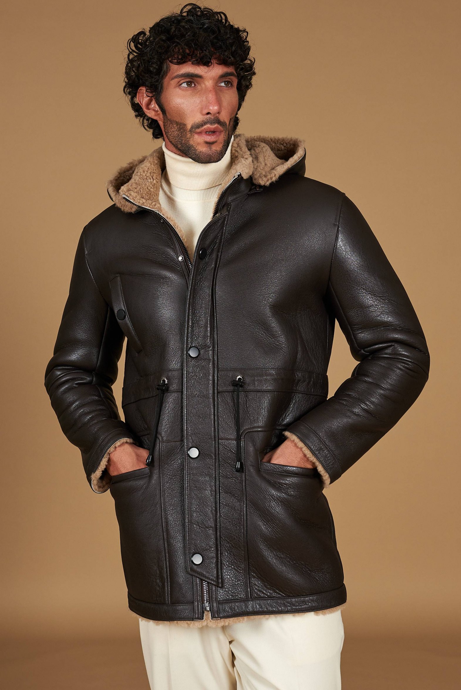 Cappotto montone shearling testa di moro con cappuccio staccabile D'Arienzo