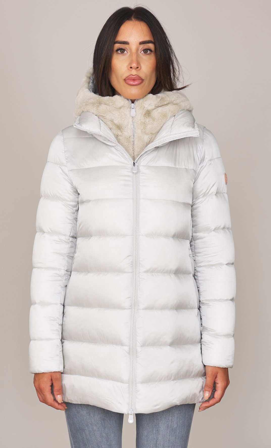 PIUMINO LUNGO SVASATO SAVE THE DUCK CON PELLICCIA ECOLOGICA MATILDA, Colore Ghiaccio