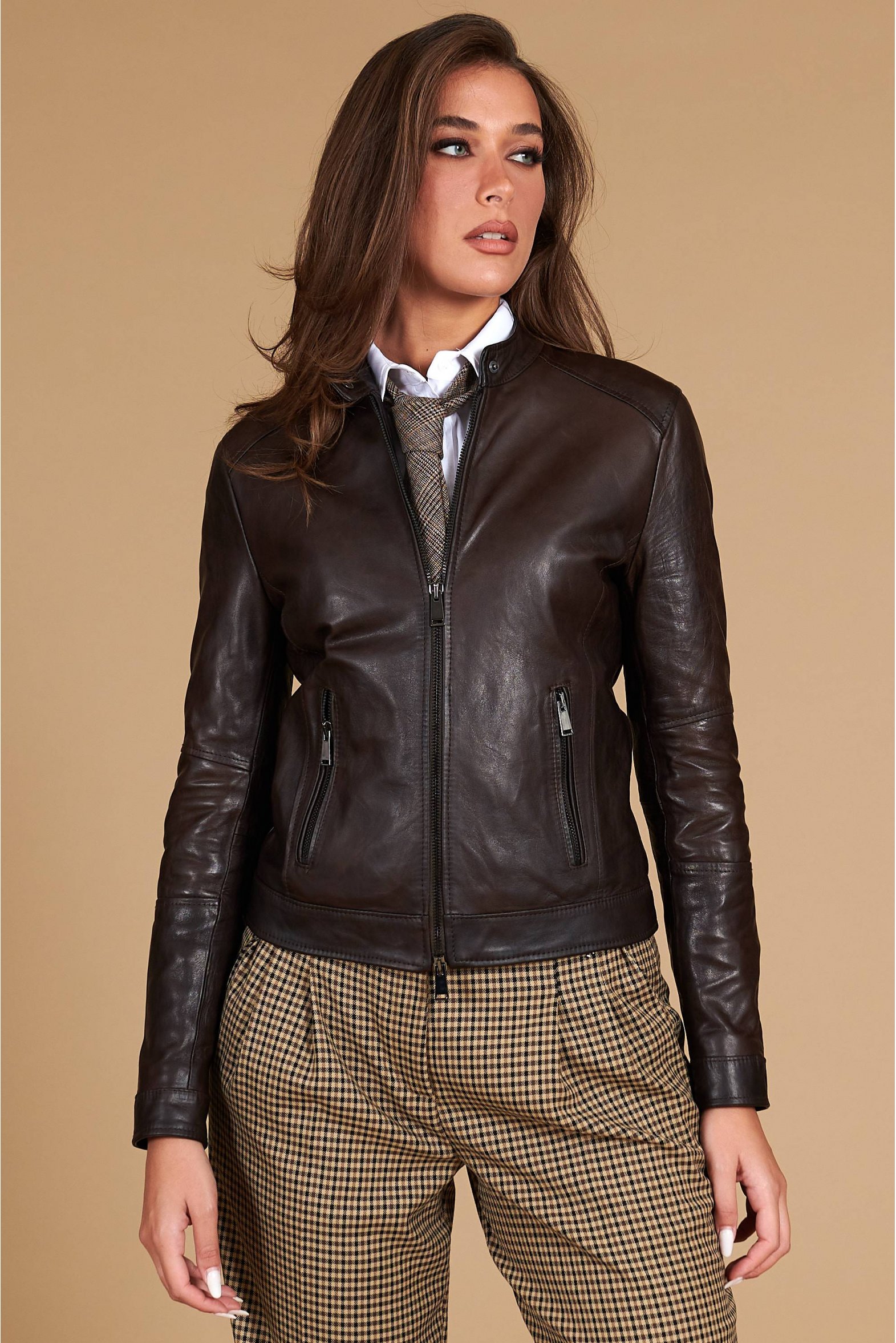 Giacca biker in pelle testa di moro effetto vintage D'Arienzo