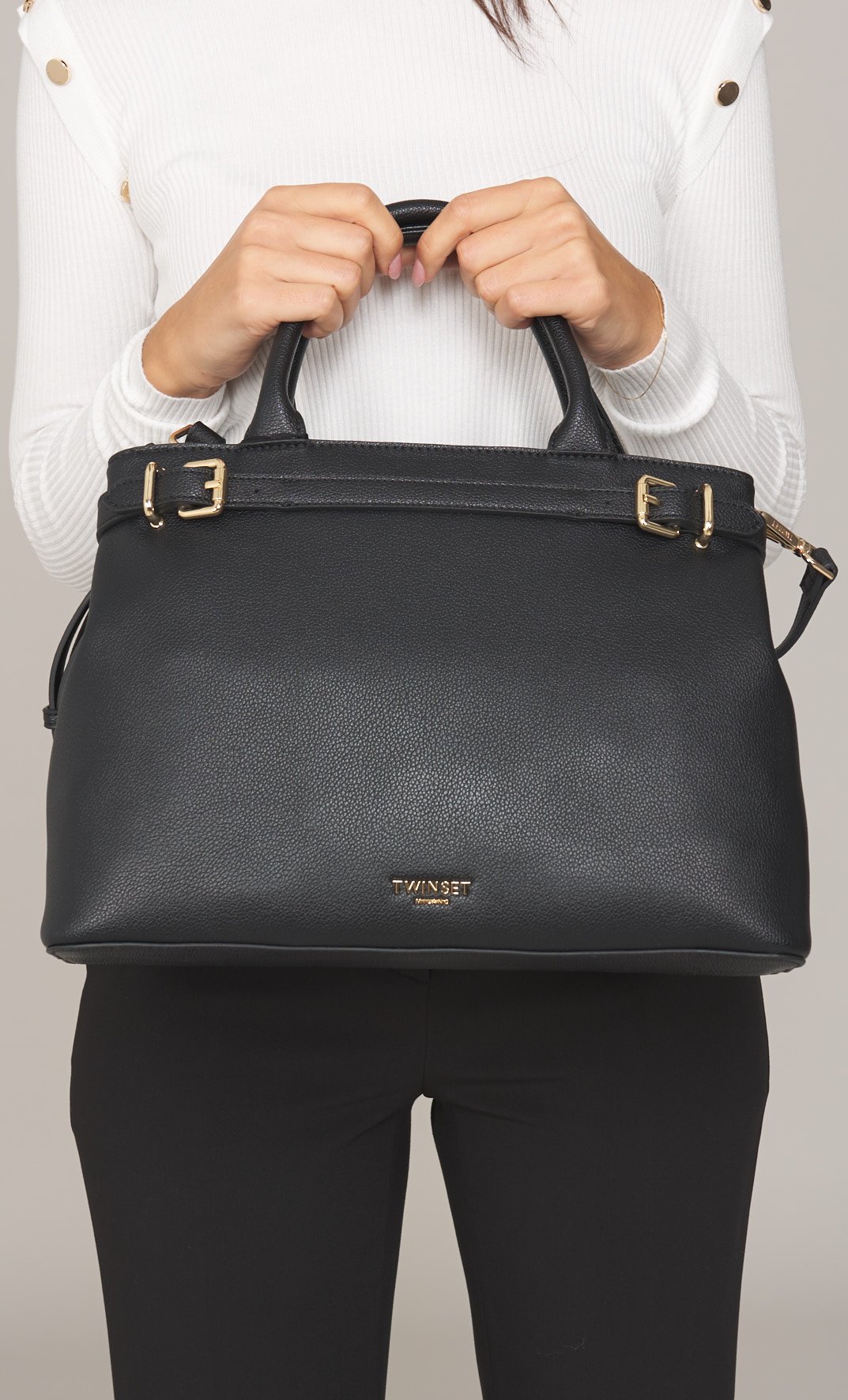 BORSA TOTE TWINSET CON LOGO LETTERING E FIBBIE, Colore Nero