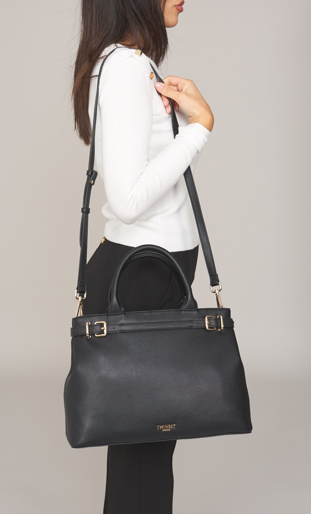 BORSA TOTE TWINSET CON LOGO LETTERING E FIBBIE, Colore Nero