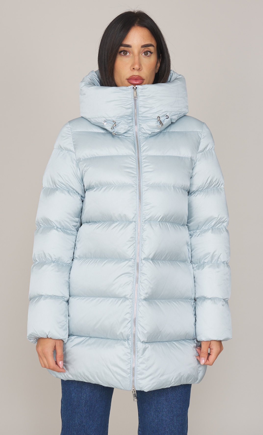 PIUMINO LUNGO ADD SVASATO CON COLLO CAPPUCCIO AVVOLGENTE, Colore Celeste