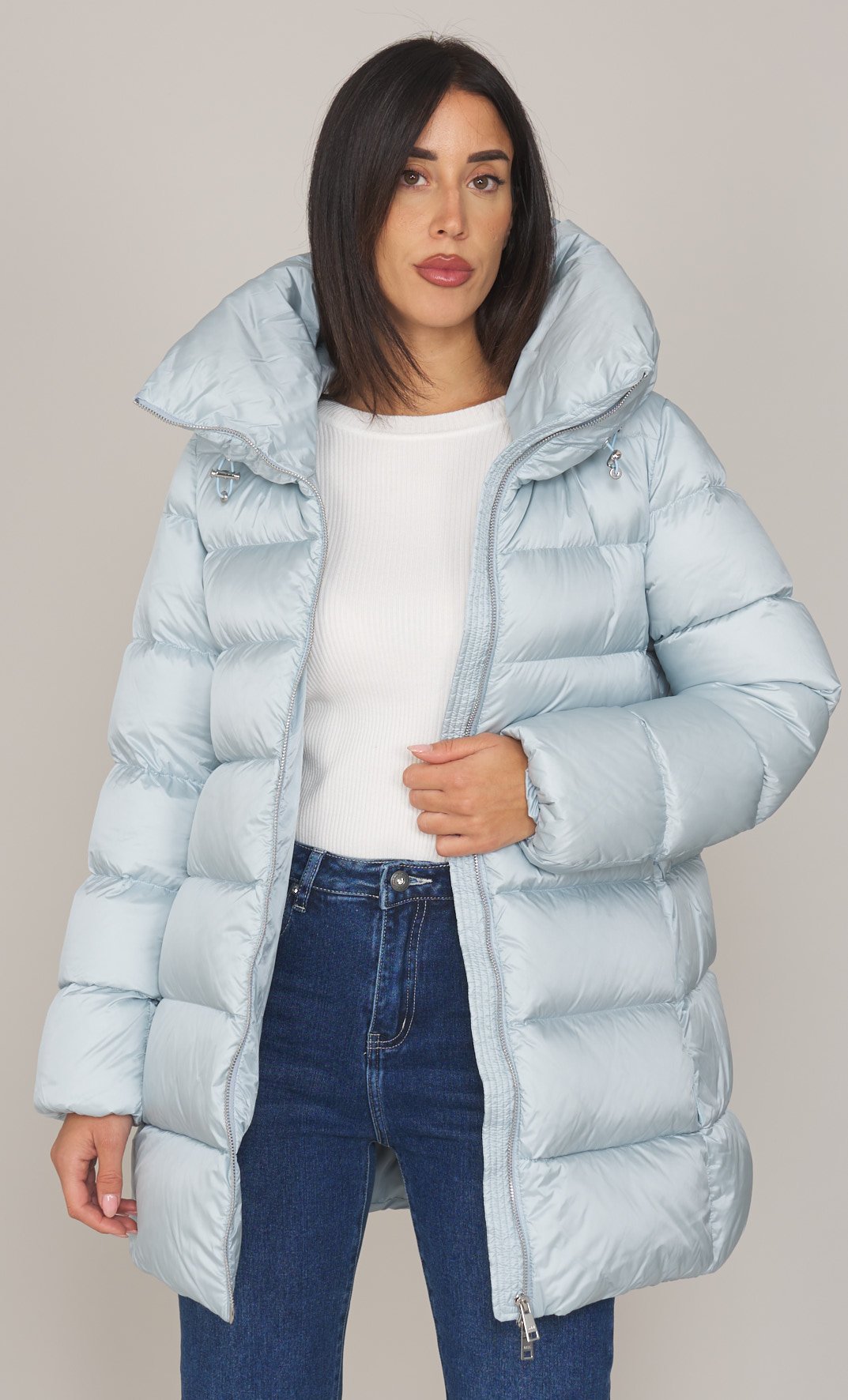 PIUMINO LUNGO ADD SVASATO CON COLLO CAPPUCCIO AVVOLGENTE, Colore Celeste