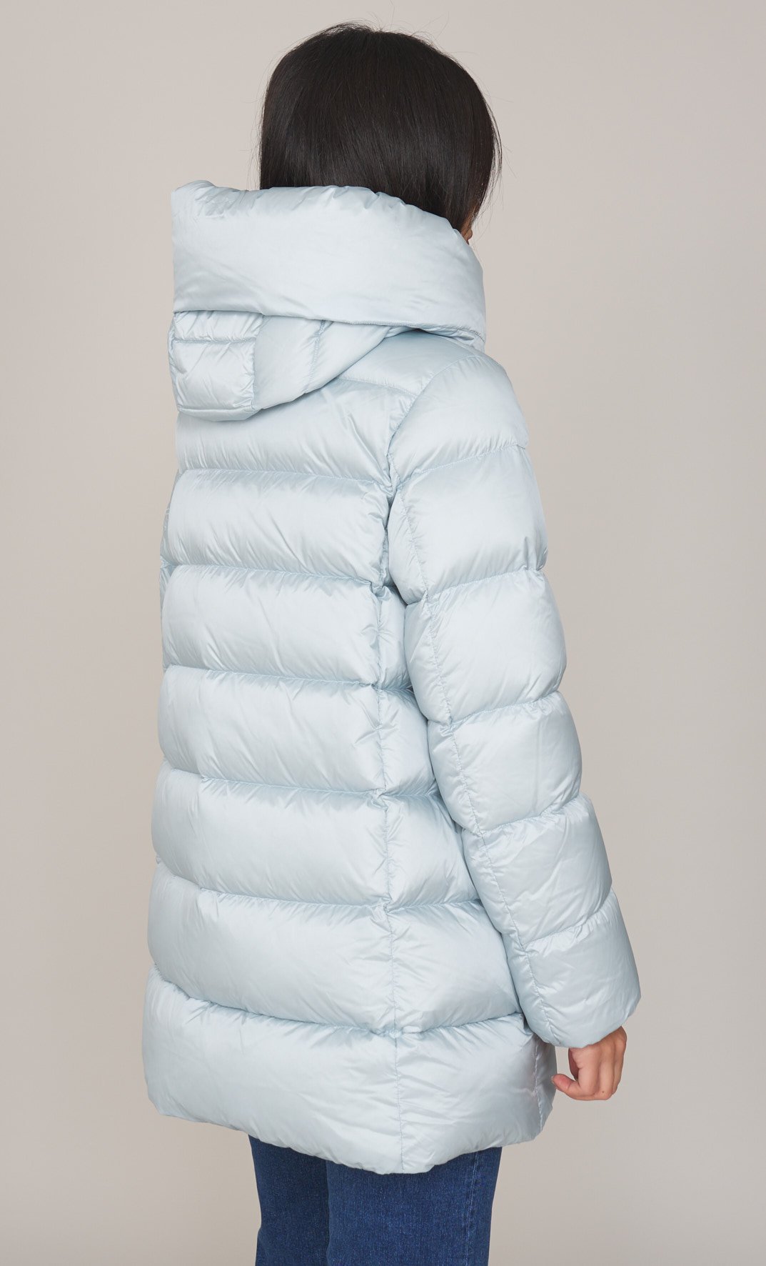 PIUMINO LUNGO ADD SVASATO CON COLLO CAPPUCCIO AVVOLGENTE, Colore Celeste